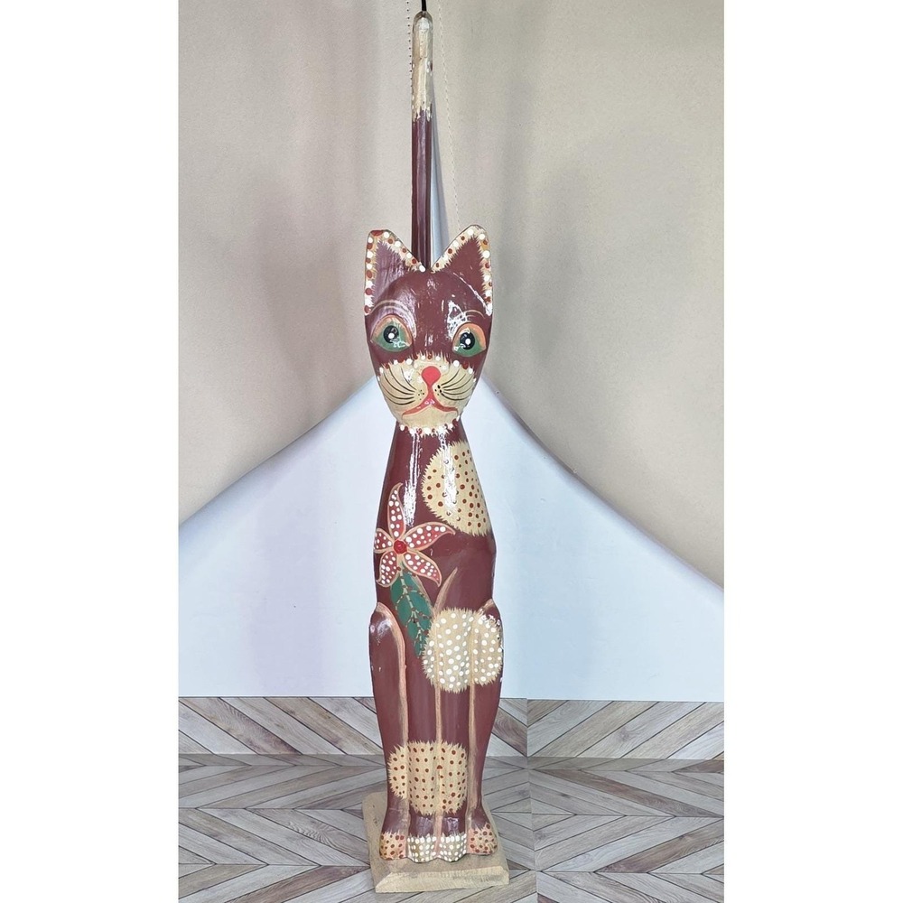 Vintage Hand Carved/Painted Wooden Cat Statue 21" Tall Boho Folk Art Decor